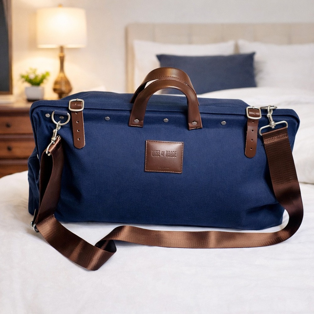 Line‎ of Trade Weekender Duffel Bag Blue Canvas Leather Trim Travel Overnight